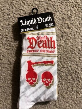 Liquid Death Crew Socks with Red & Gold Cherry Obituary Skull Design